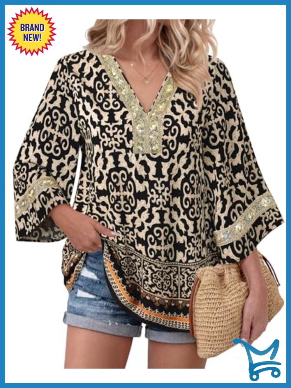 Womens Embroidered V Neck Bell Sleeve Boho Tunic Top 3/4 Sleeve Blouse